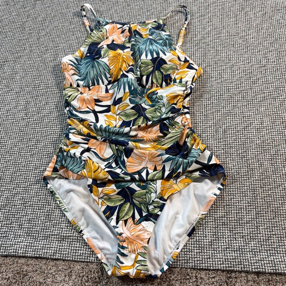 Ellen Tracy Tropical Floral High Neck Ruched One Piece Swimsuit Size 8